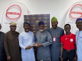 L – R: Afolabi Oyewunmi, Relationship Manager, LBS Executive Education, Sir Kunle Ball, Executive Vice Chairman, Prince S J Samuel, Chairman, ORIGIN Tech Group, Victor Banjo, mni, Director, Executive Education, LBS, Mr. Sesan Ayeni, ED, Corporate Services, Adebayo Awoniyi-Adeoshun, Group Head, Corporate Communications and Strategy, both of ORIGIN Tech Group and Olatayo Folayan, Business Development Manager, LBS during the Business visit of Lagos Business School to ORIGIN Tech Group